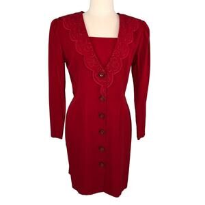 Madison Wells Sheath Dress Knee Length Long Sleeves Button Front Christmas Red